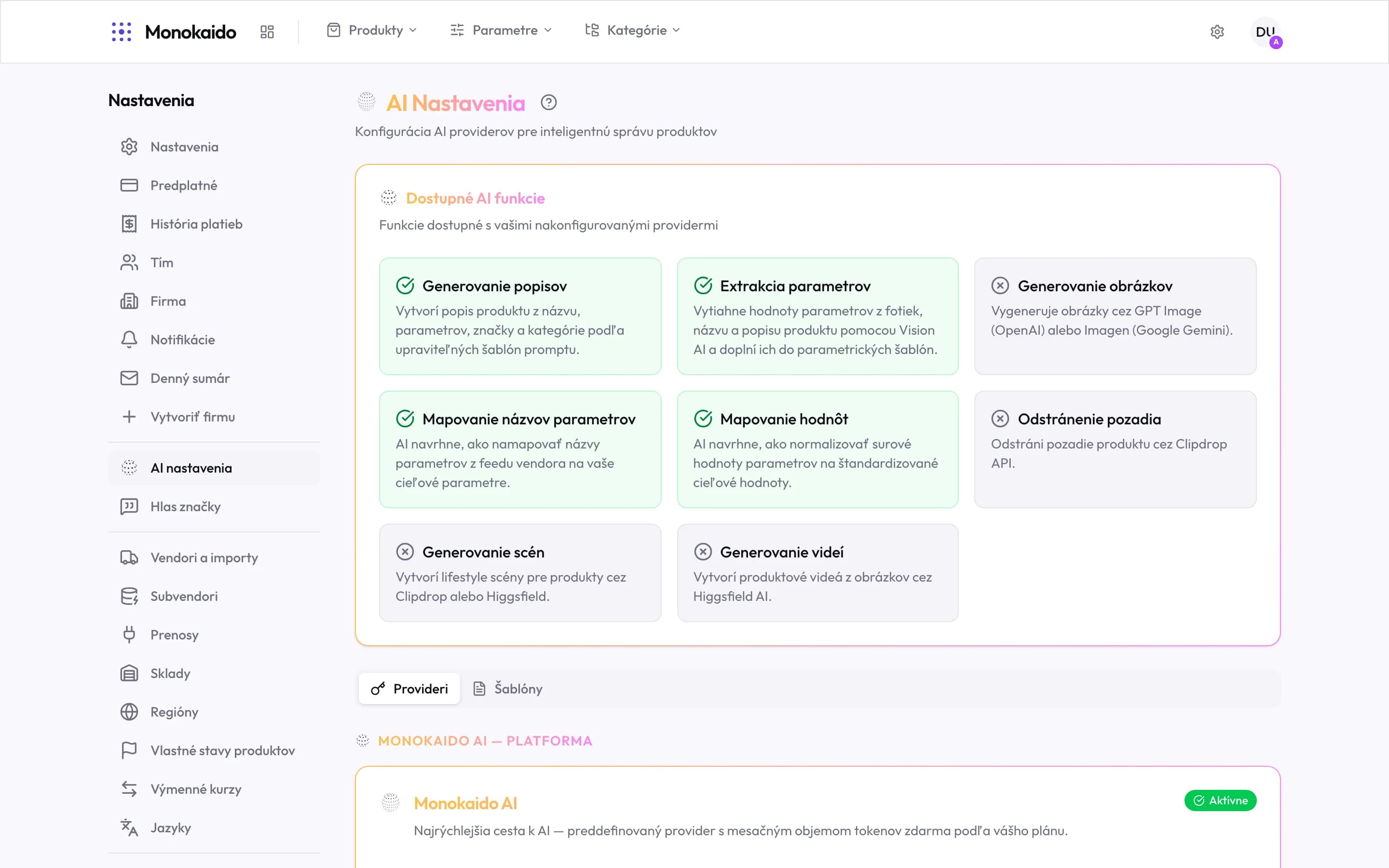Nastavenia AI: mriežka dostupných funkcií, prepínač Provideri/Šablóny a karta Monokaido AI