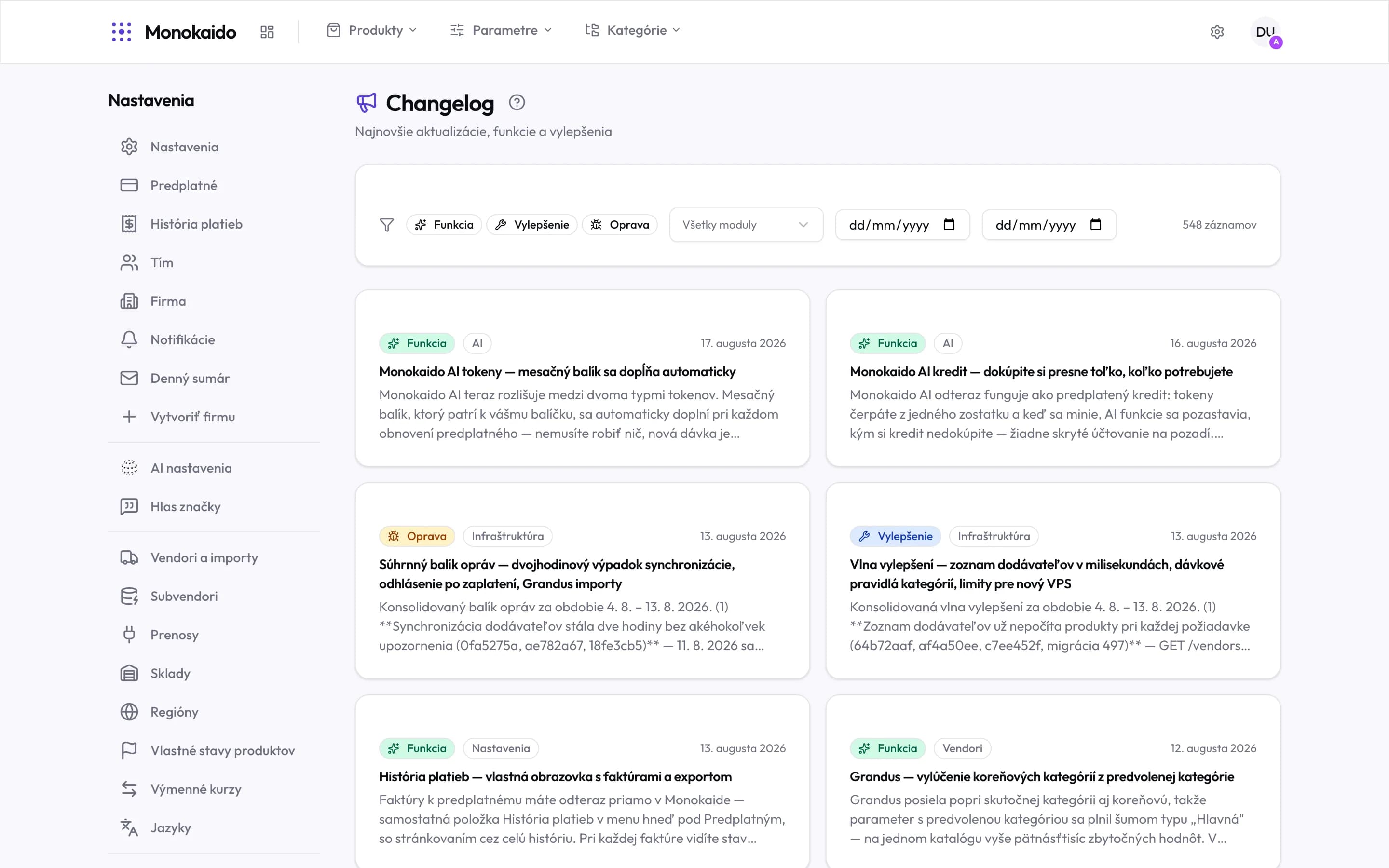 Changelog s filtrami typu, modulu a obdobia, počtom záznamov a kartami jednotlivých zmien