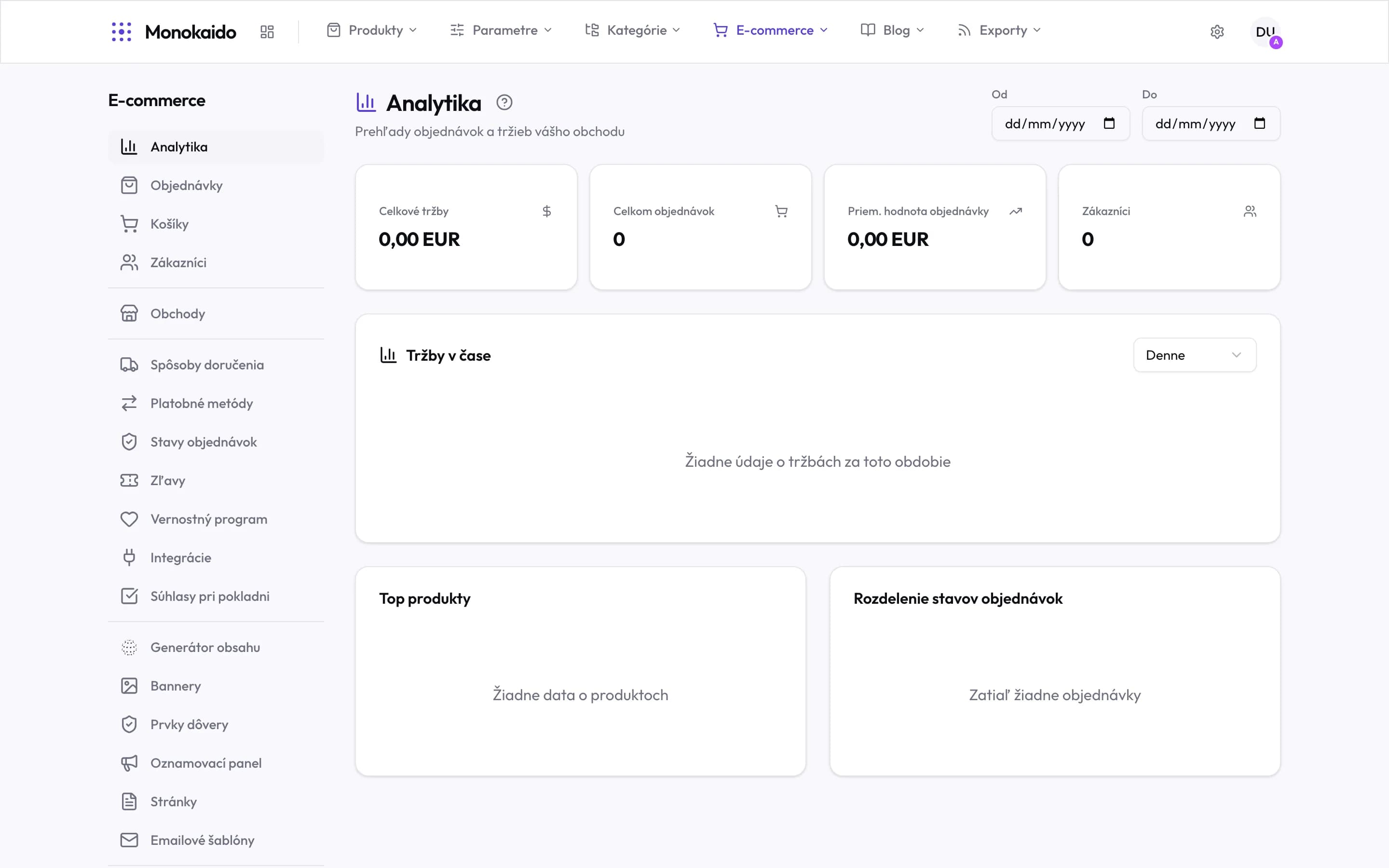Sekcia E-commerce s vlastným ľavým menu rozdeleným do skupín