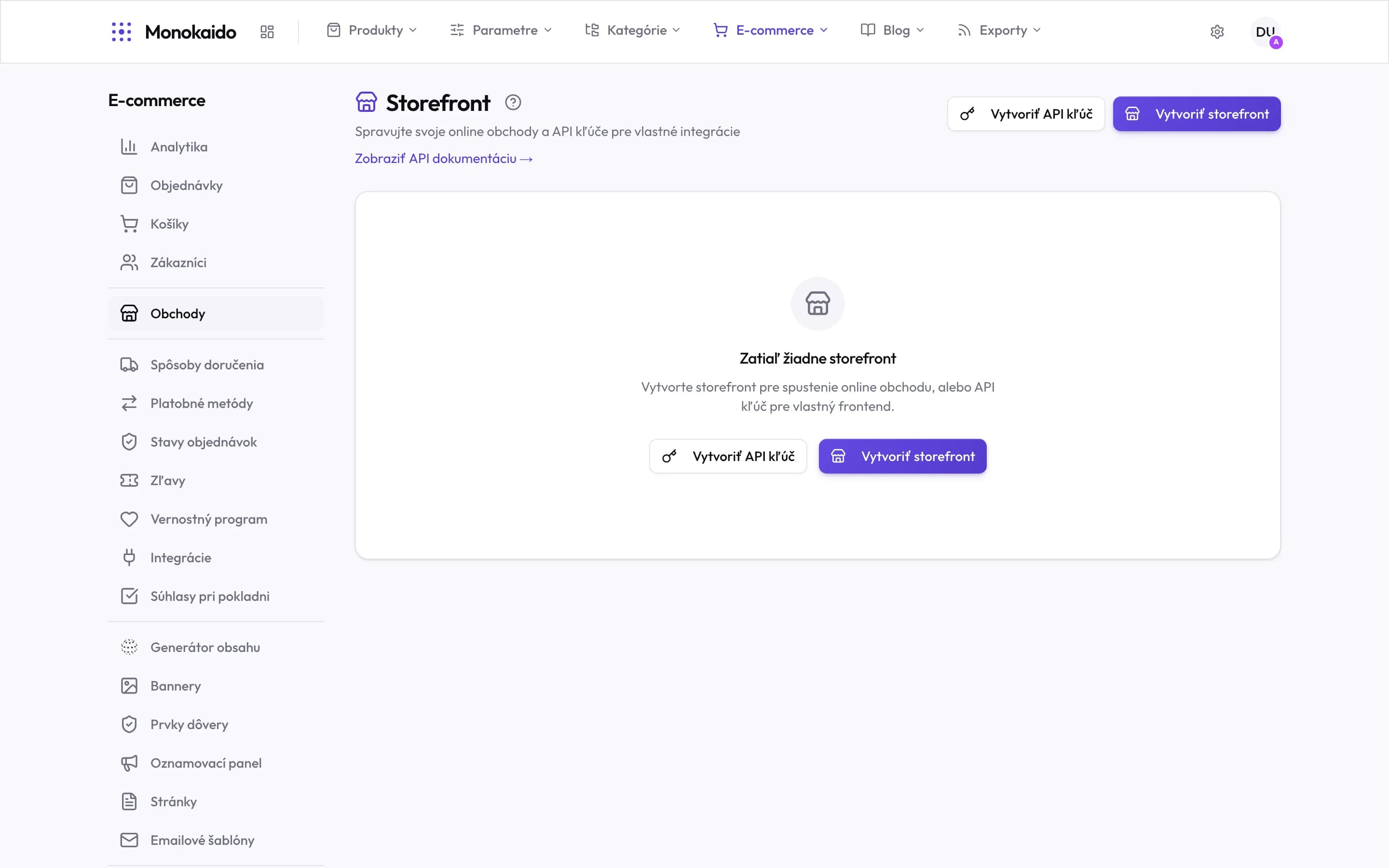 Obrazovka Storefront s tlačidlami na vytvorenie storefrontu a API kľúča a odkazom na dokumentáciu