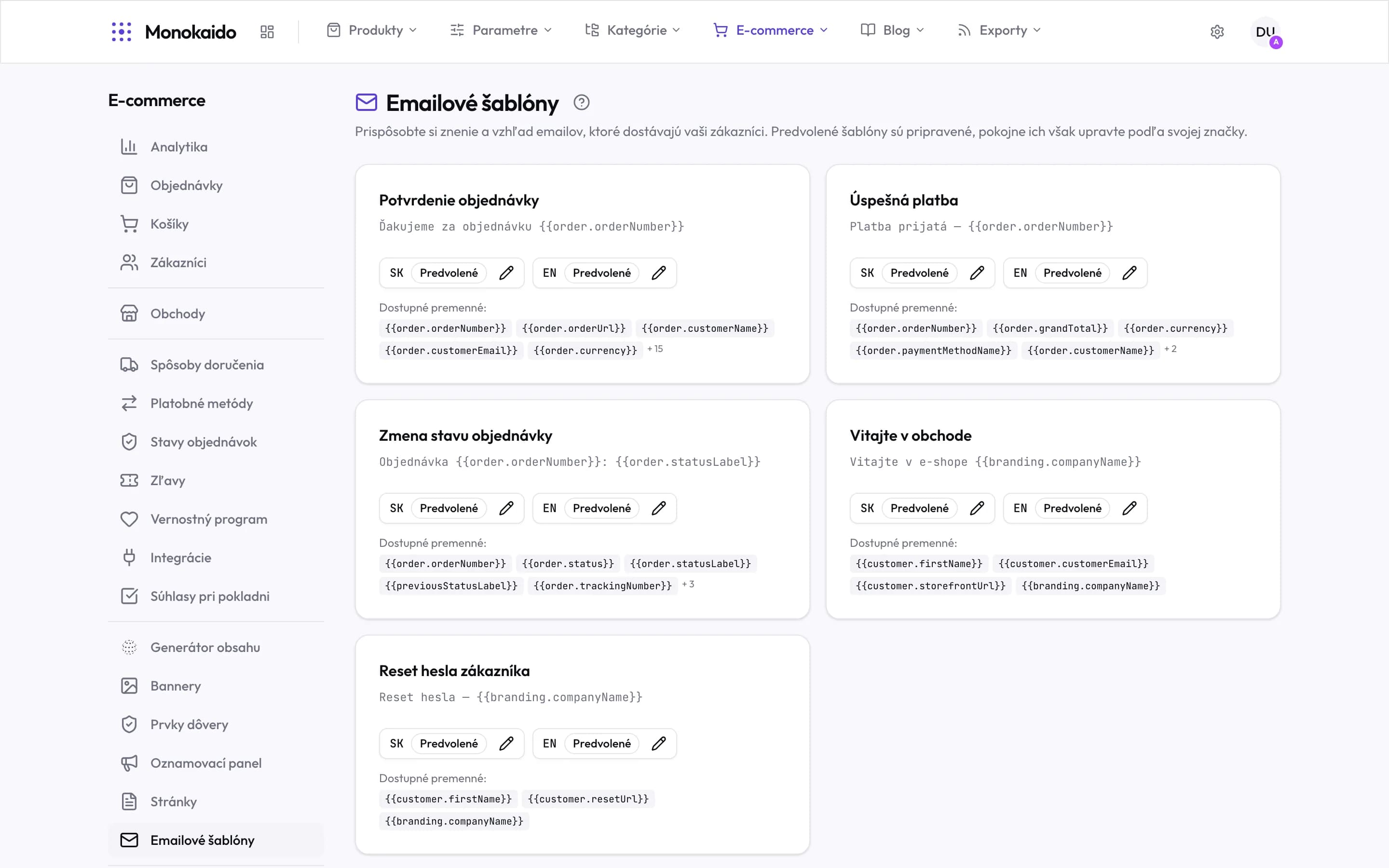 Emailové šablóny ako karty s predmetom, jazykovými verziami a dostupnými premennými