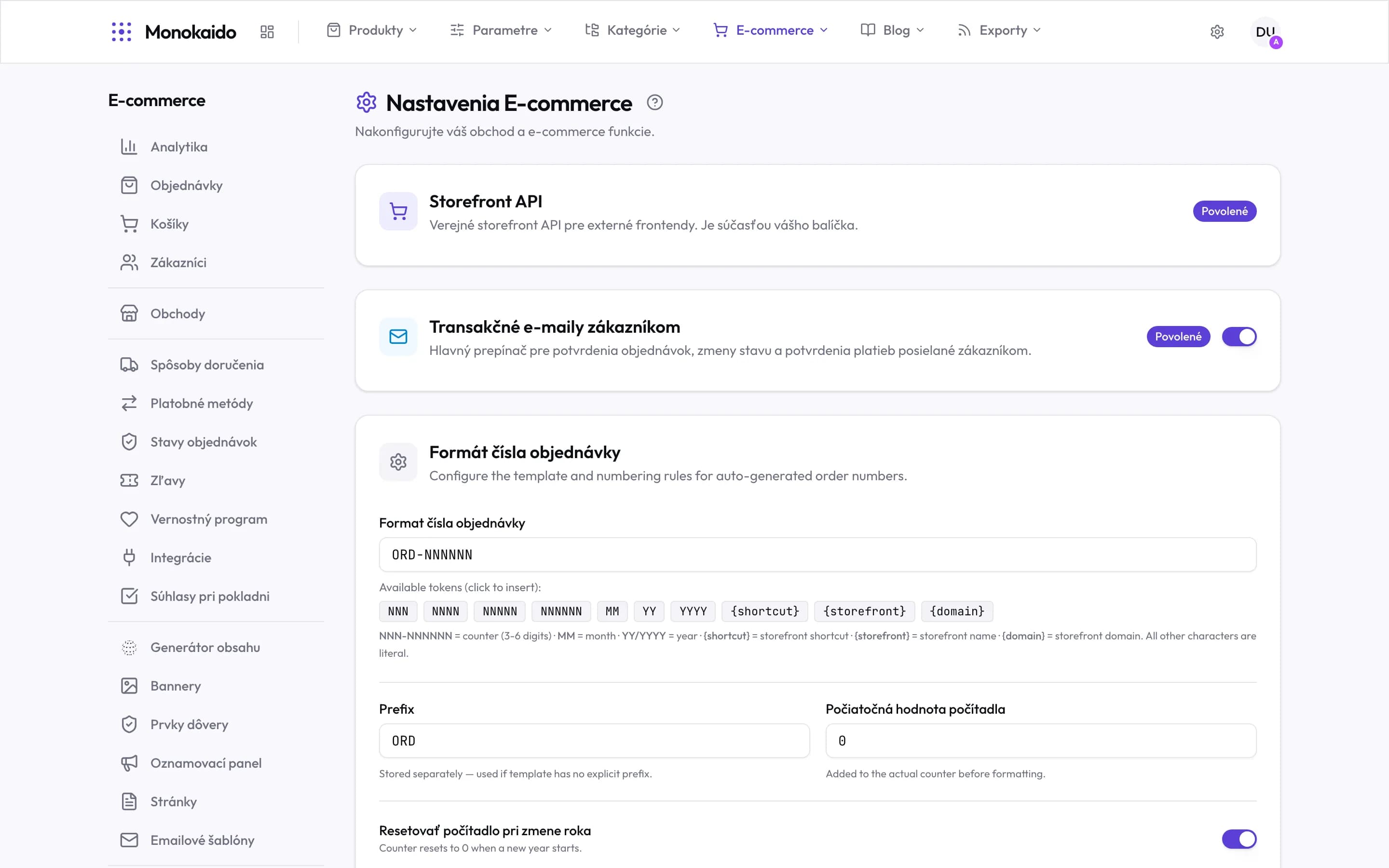 Nastavenia e-commerce so Storefront API, transakčnými e-mailami a formátom čísla objednávky