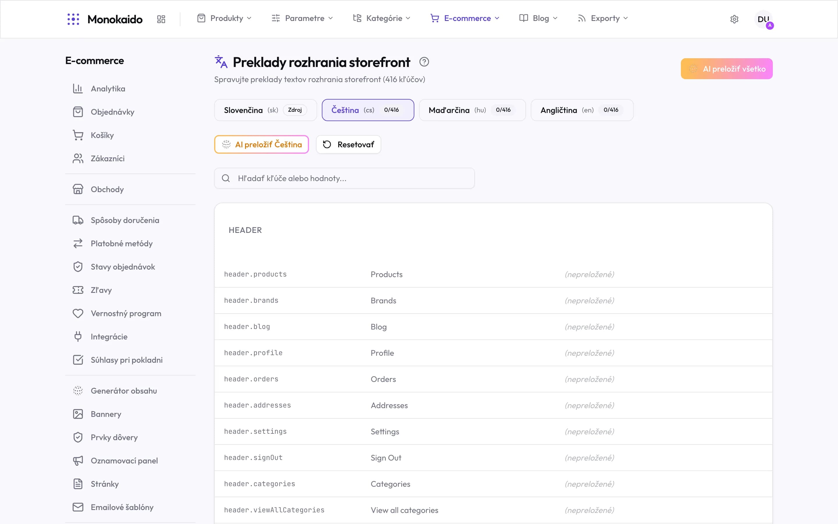 Preklady rozhrania storefront s výberom jazykov, AI prekladom a zoznamom kľúčov