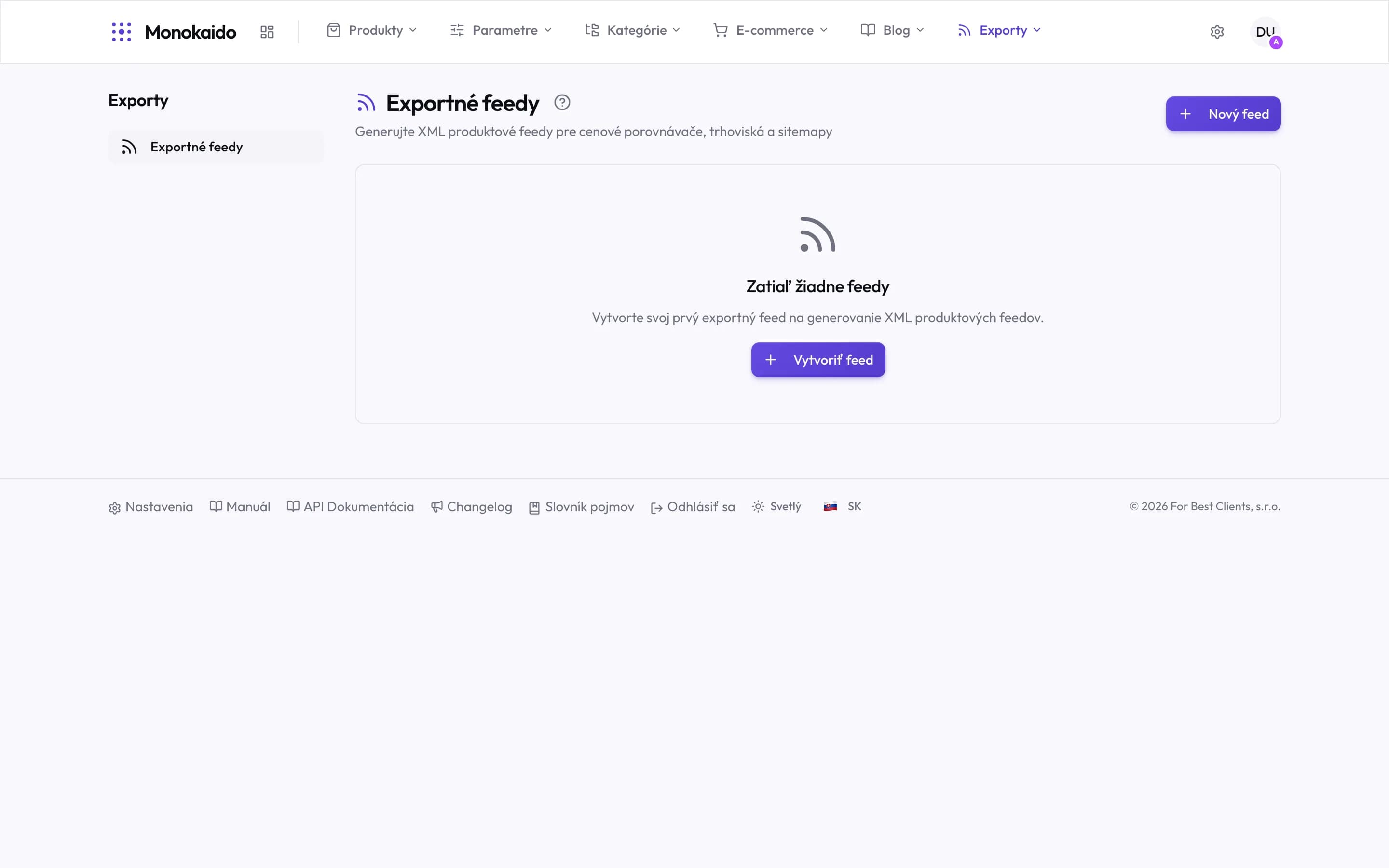 Sekcia Exporty s jednou položkou v ľavom menu