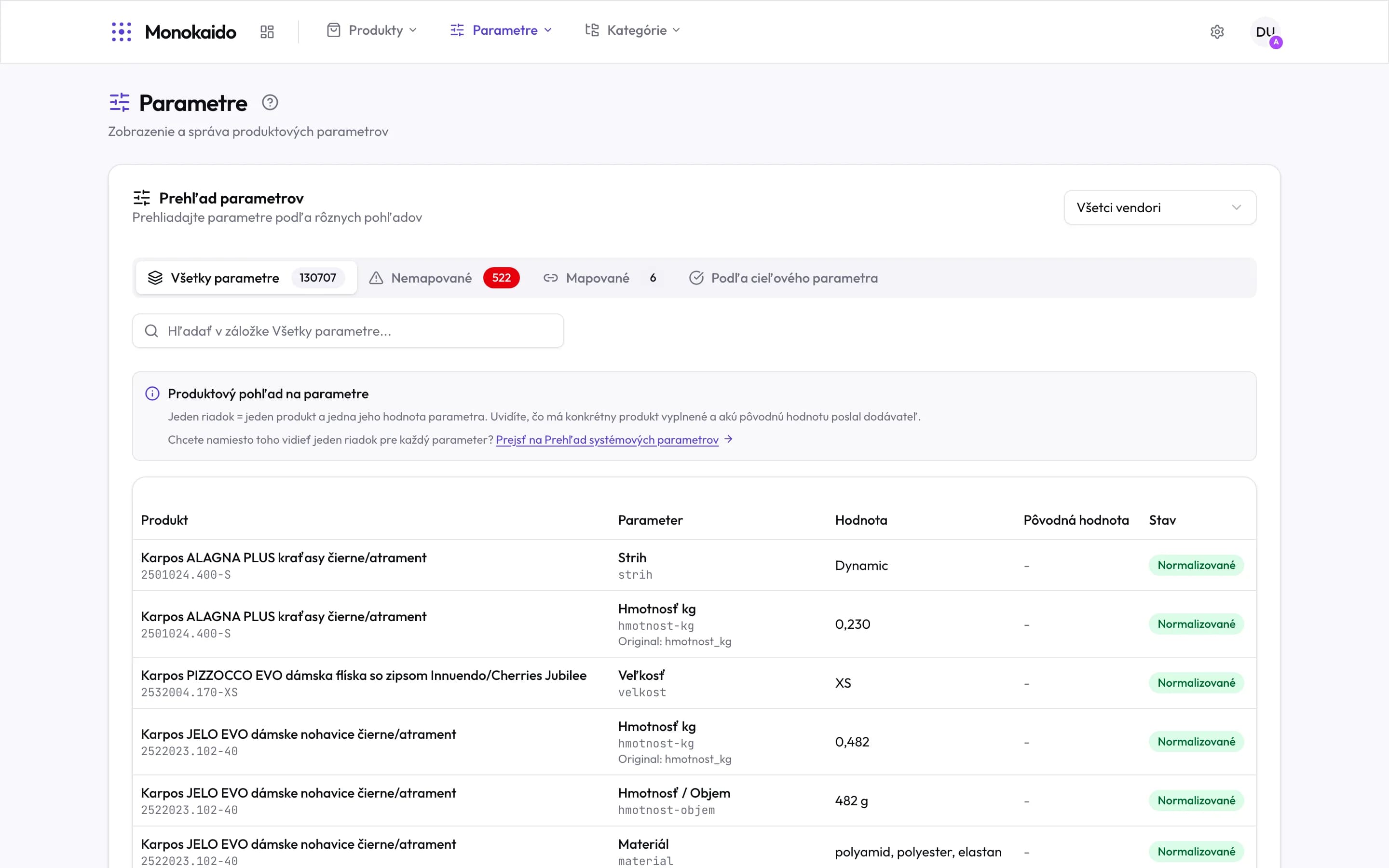 Správa parametrov: záložky podľa stavu mapovania a tabuľka produkt – parameter – hodnota – pôvodná hodnota