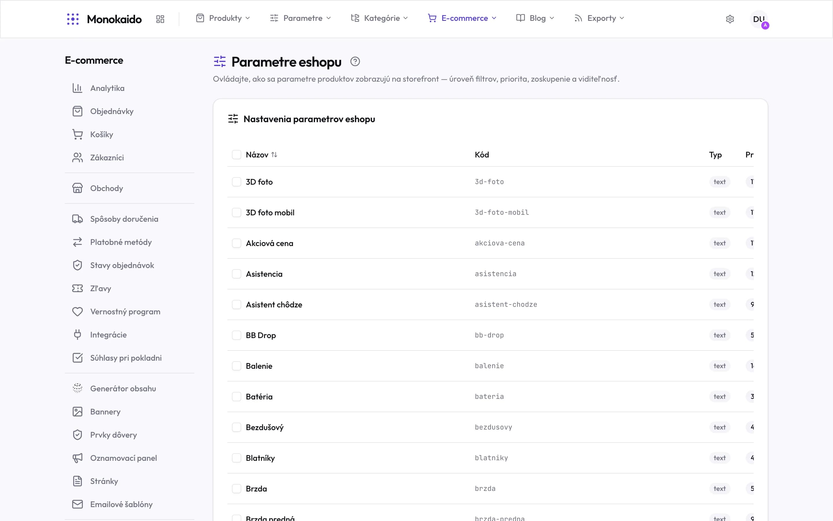 Parametre eshopu — tabuľka parametrov s názvom, kódom, typom a prioritou