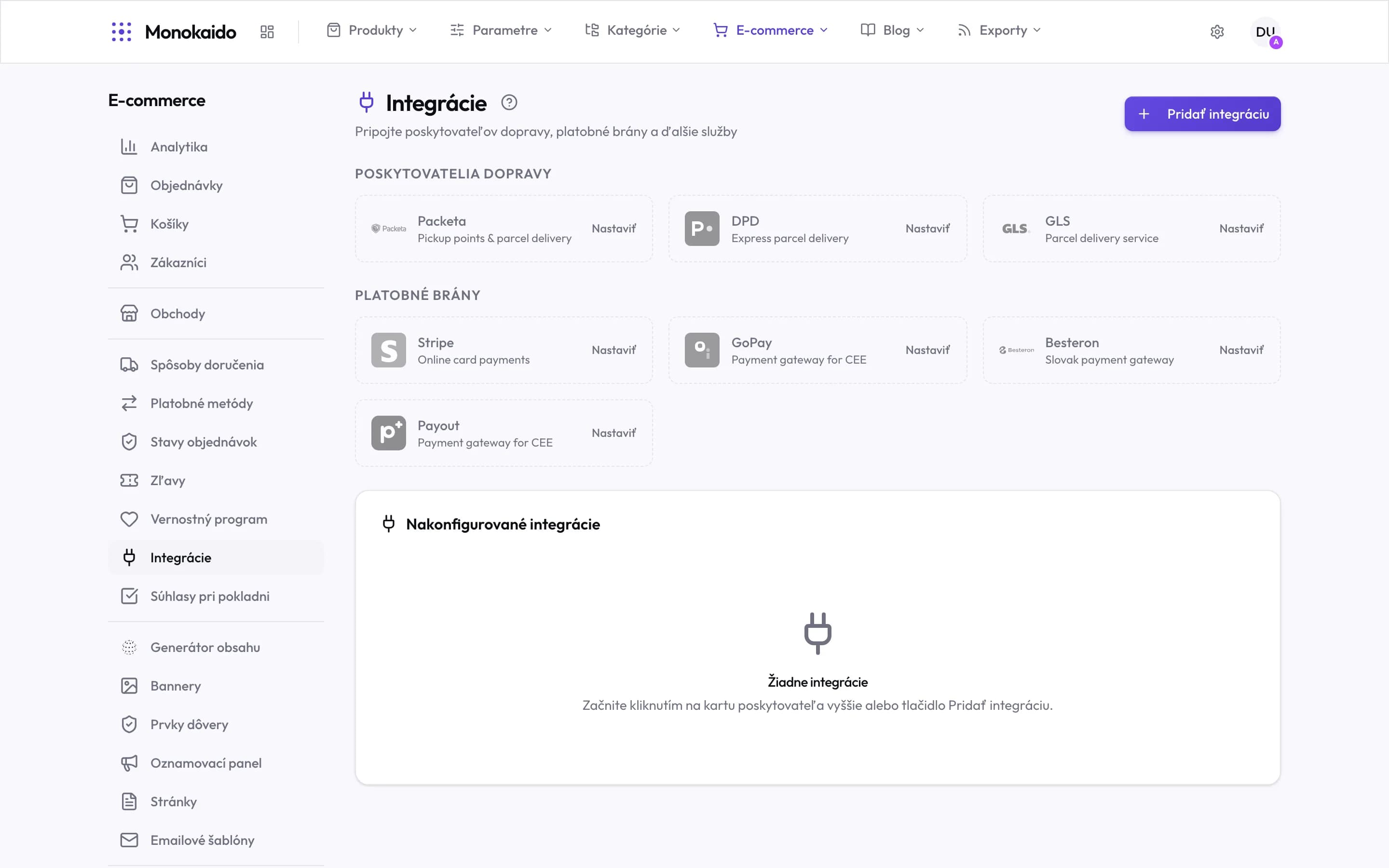 Integrácie s kartami dopravcov a platobných brán a zoznamom nakonfigurovaných integrácií