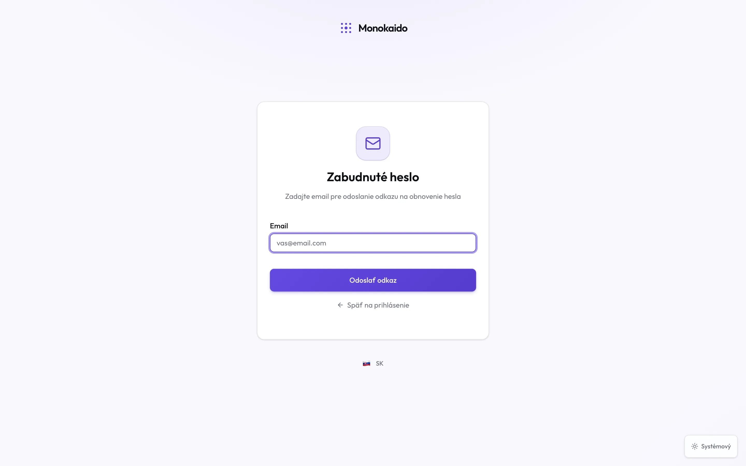 Obrazovka zabudnutého hesla s poľom na email a tlačidlom Odoslať odkaz