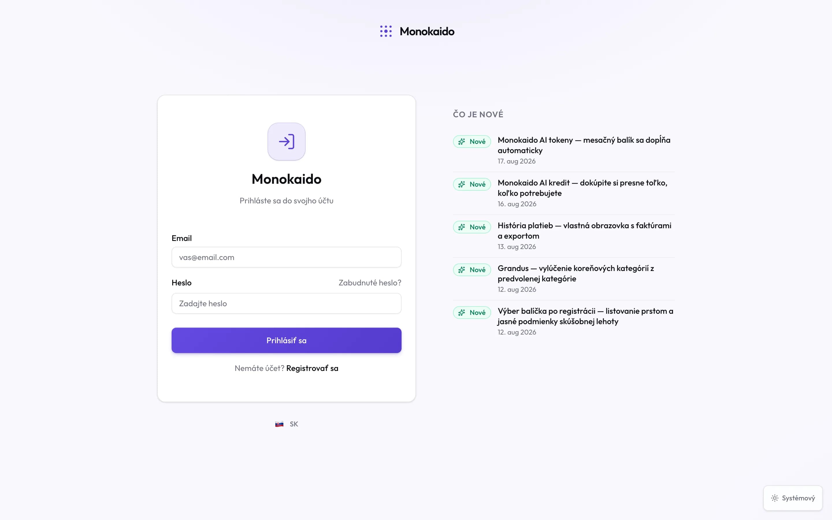 Prihlasovacia obrazovka s emailom, heslom, odkazom na zabudnuté heslo a panelom noviniek