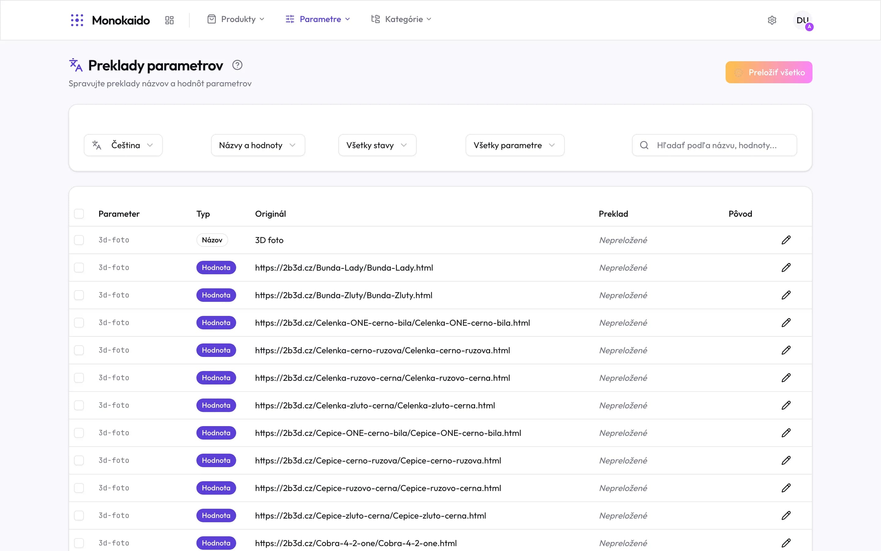 Preklady parametrov: výber jazyka, filtre a tabuľka originál – preklad – pôvod