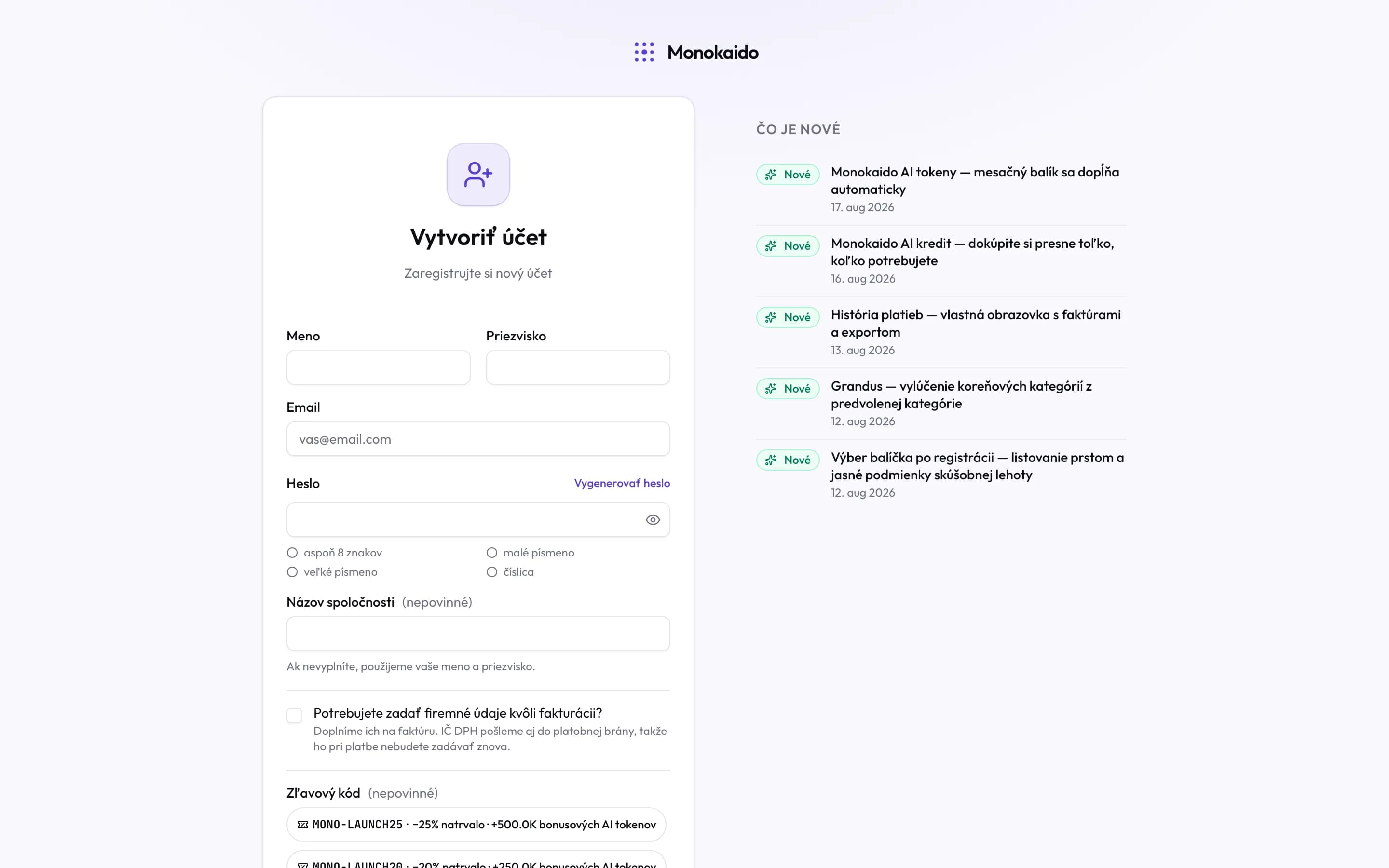 Registračný formulár s menom, emailom, heslom, názvom spoločnosti, fakturačnými údajmi a zľavovým kódom