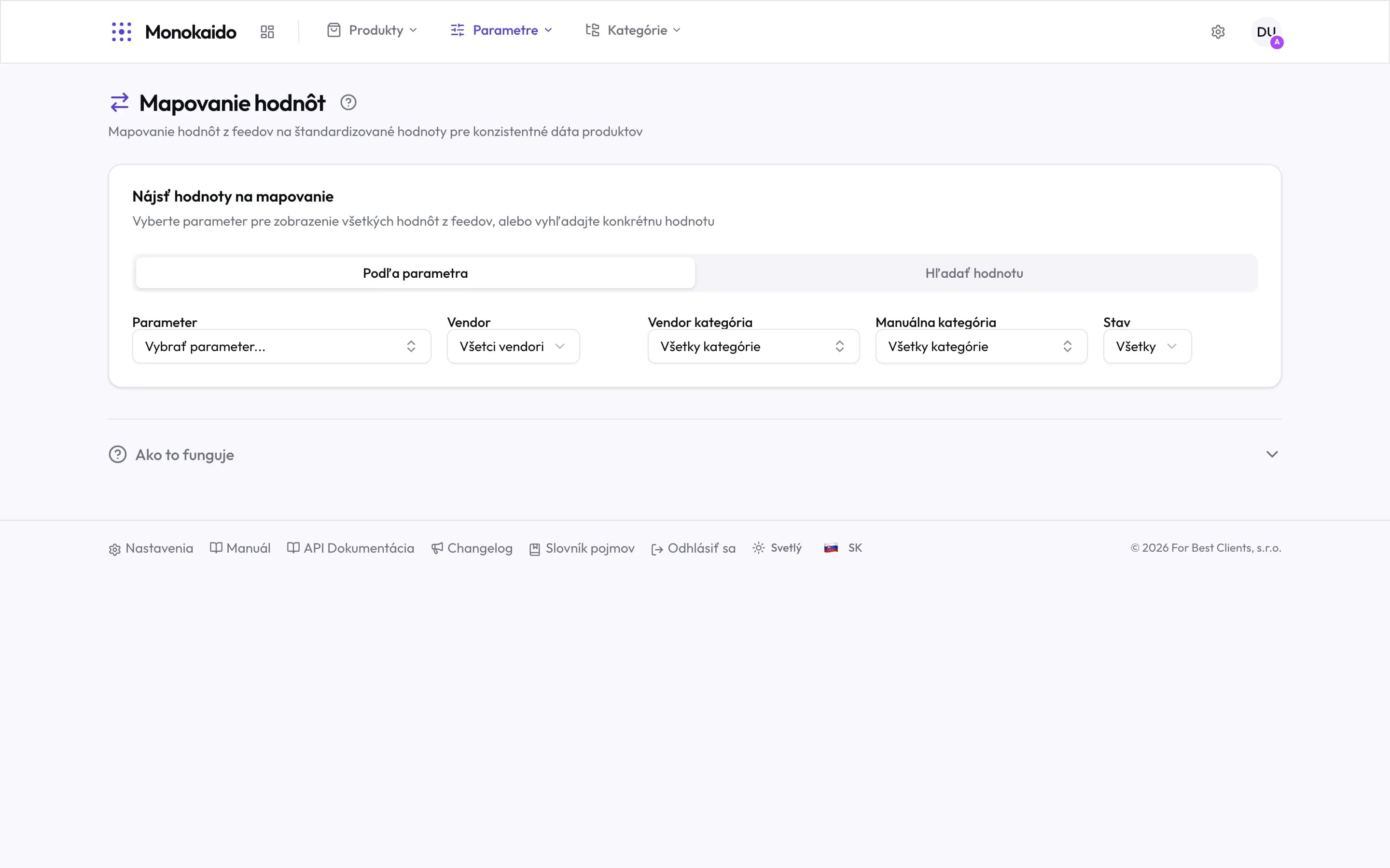 Mapovanie hodnôt: prepínač Podľa parametra / Hľadať hodnotu a filtre parametra, dodávateľa a kategórie