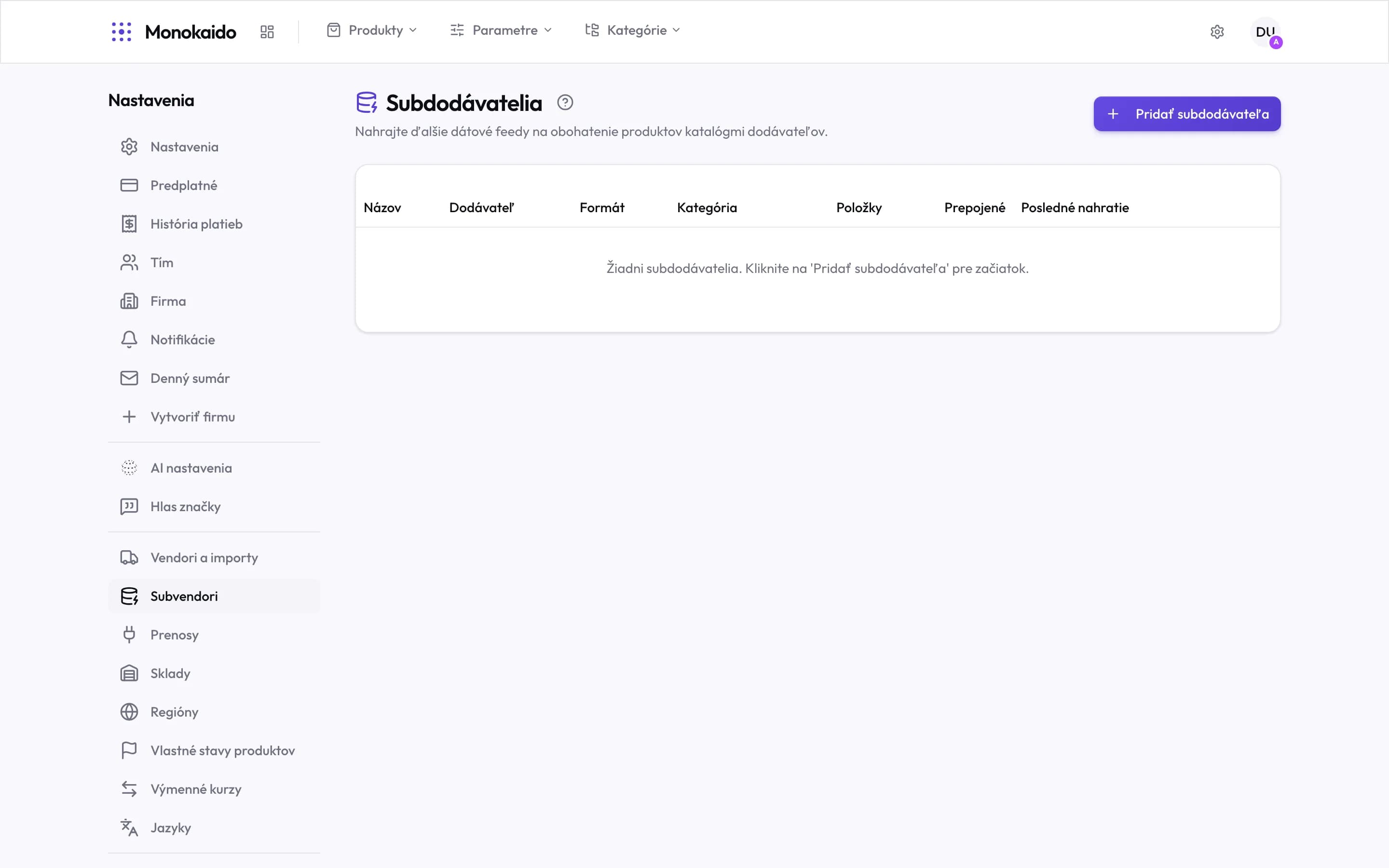 Zoznam subdodávateľov so stĺpcami Názov, Dodávateľ, Formát, Kategória, Položky, Prepojené a Posledné nahratie