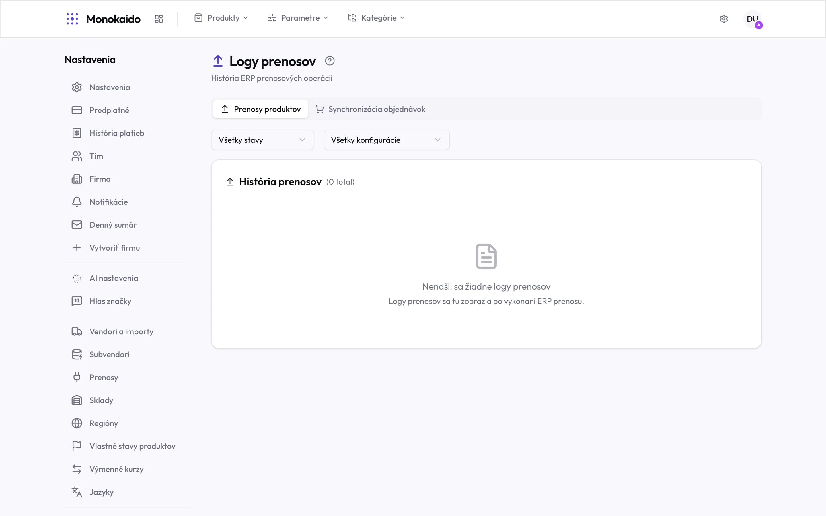 Logy prenosov so záložkami prenosov produktov a synchronizácie objednávok, filtrami a históriou