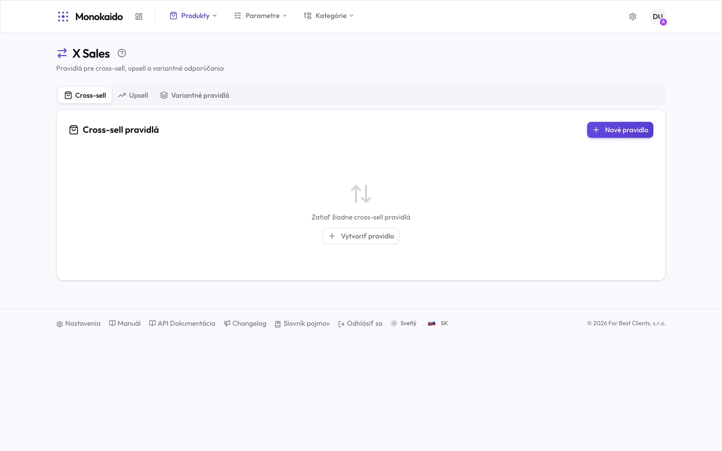 X Sales s tromi záložkami — Cross-sell, Upsell a Variantné pravidlá — a prázdnym zoznamom